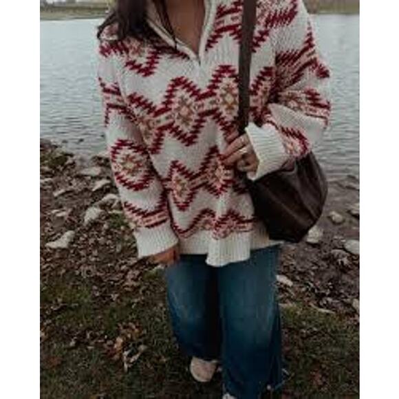 Simply Southern Men’s 1/4 Zip Cozy Knit Aztec Oversized Sweater Size L Beige Red - Picture 2 of 5